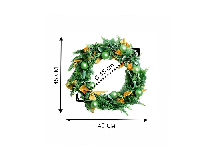 Couronne de Noël - Genévrier Ø 40 cm - Nœuds dorés Boules vertes