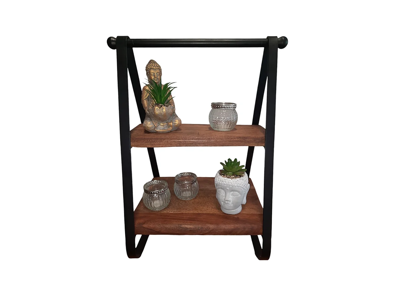 Échelle décorative - Bois massif et métal - Marron noir - 2 étagères