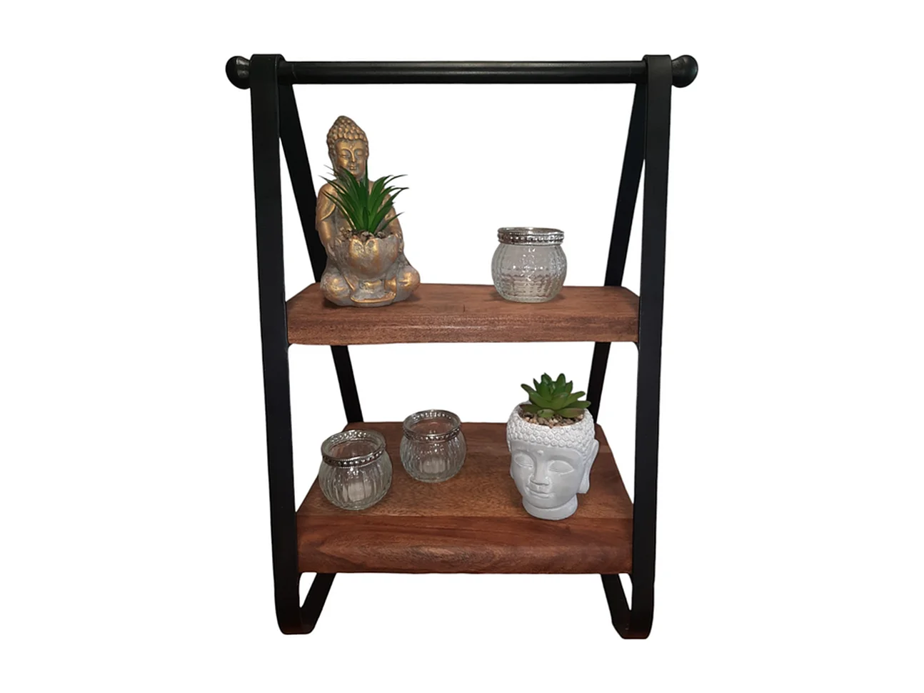 Échelle décorative - Bois massif et métal - Marron noir - 2 étagères