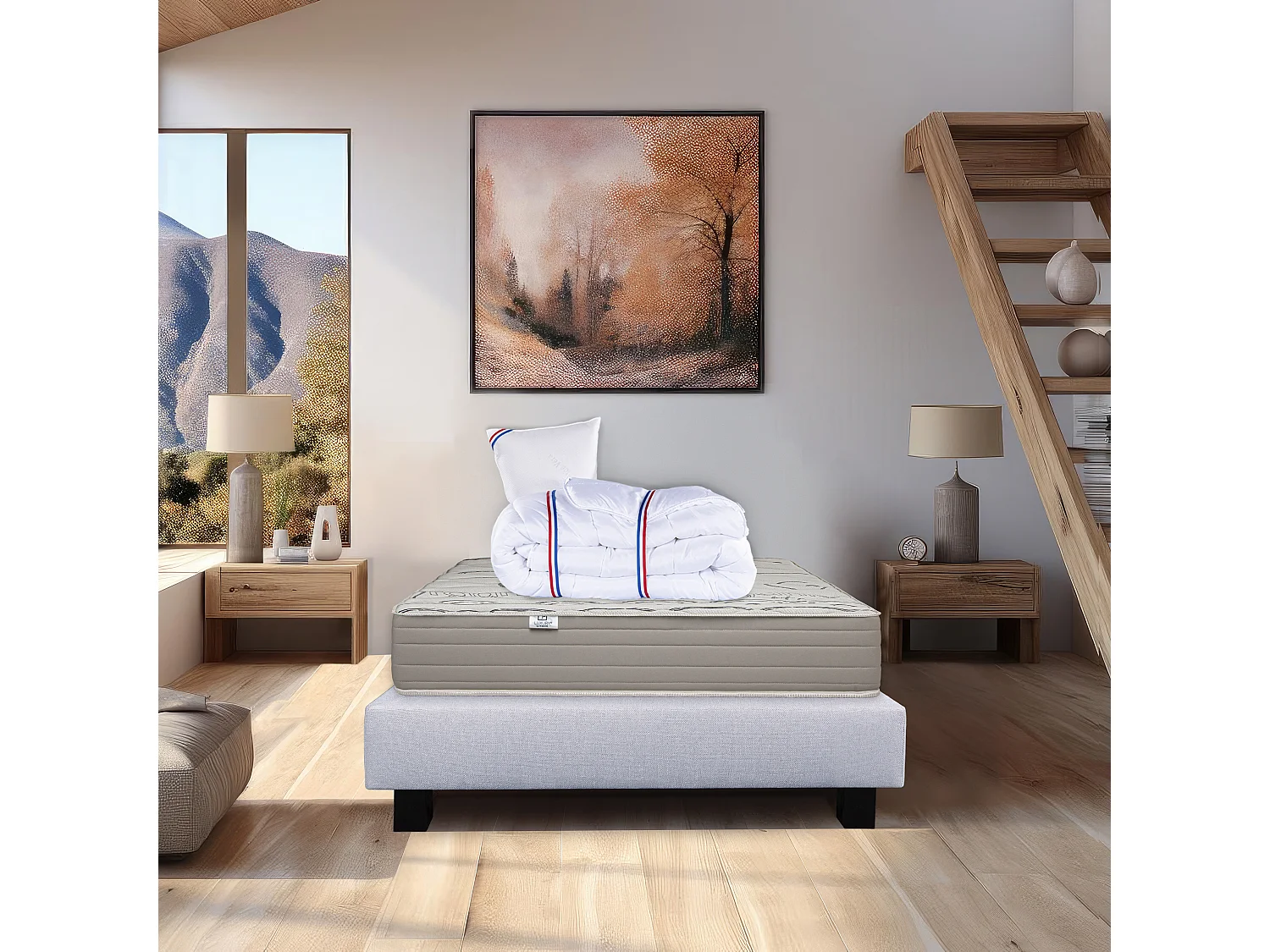 Ensemble Matelas 90x190 cm, Organic Cotton, 24 cm + sommier gris + oreiller + couette