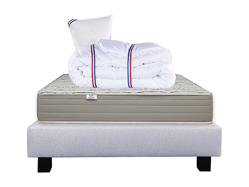 Ensemble Matelas 90x190 cm, Organic Cotton, 24 cm + sommier gris + oreiller + couette