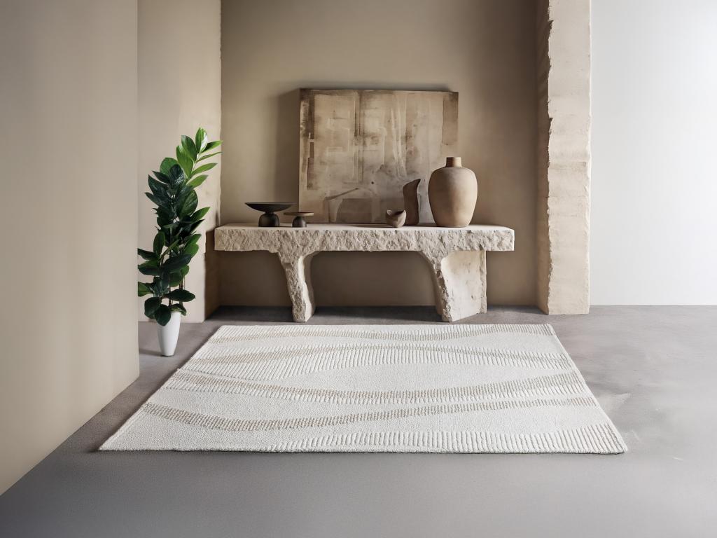 Relief-Teppich - 100 % Wolle - handgetuftet - 200 x 290 cm - Elfenbeinfarbe günstig online kaufen