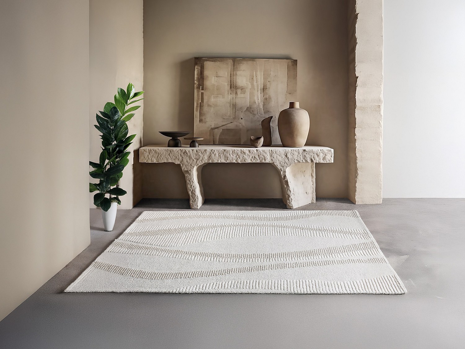 Relief-Teppich - 100 % Wolle - handgetuftet - 200 x 290 cm - Elfenbeinfarbe günstig online kaufen