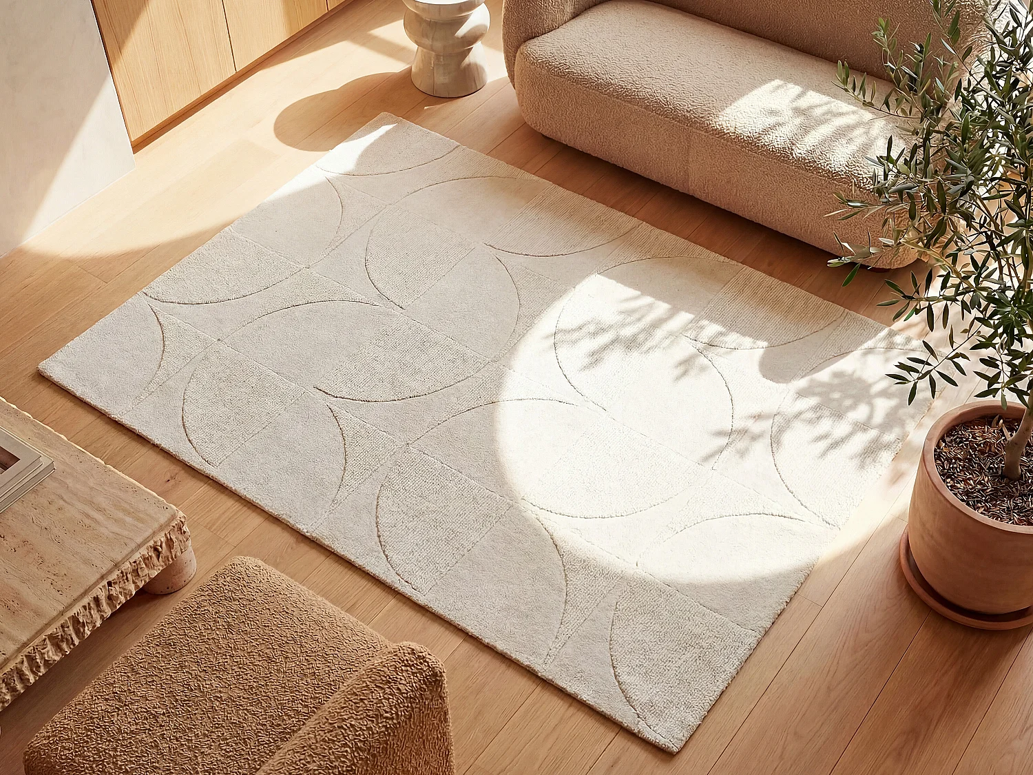Tapis en relief 100% laine tufté main motif géométrique - 160 x 230 cm - Ivoire - MILUNA