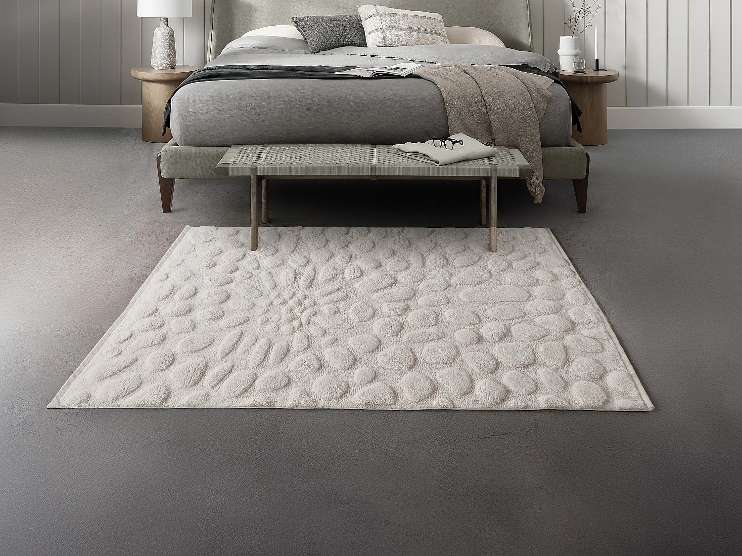 Tapis en relief 100% laine tufté main effet galet - 160 x 230 cm - Ivoire - ORABEL