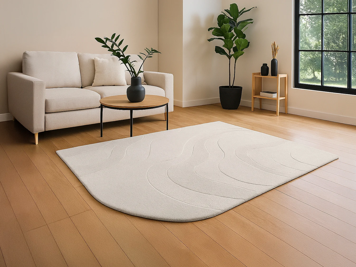 Alfombra en relieve de lana 100% hecha a mano con borde redondeado - 160 x 230 - Marfil - VELORIA