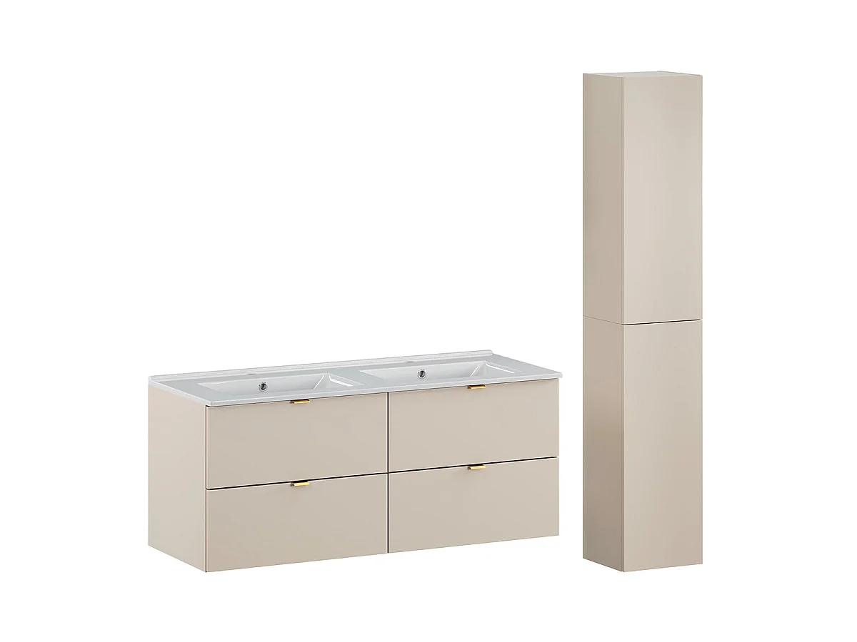 Ensemble meuble double vasque encastrée 120cm et colonne Azel Cachemire