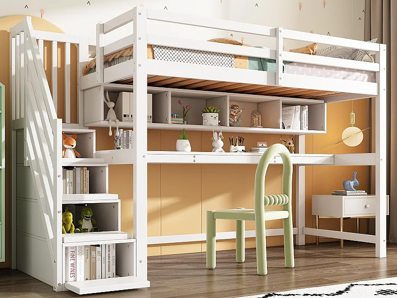 Łóżko mezzanine z drewna - 90x200cm - z schodami do przechowywania + biurkiem + stelażem na materac - Białe