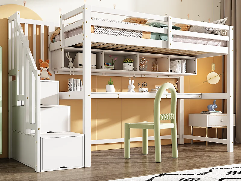 Lit mezzanine en bois - 90x200cm - avec escalier de rangement + bureau + sommier à lattes - Blanc