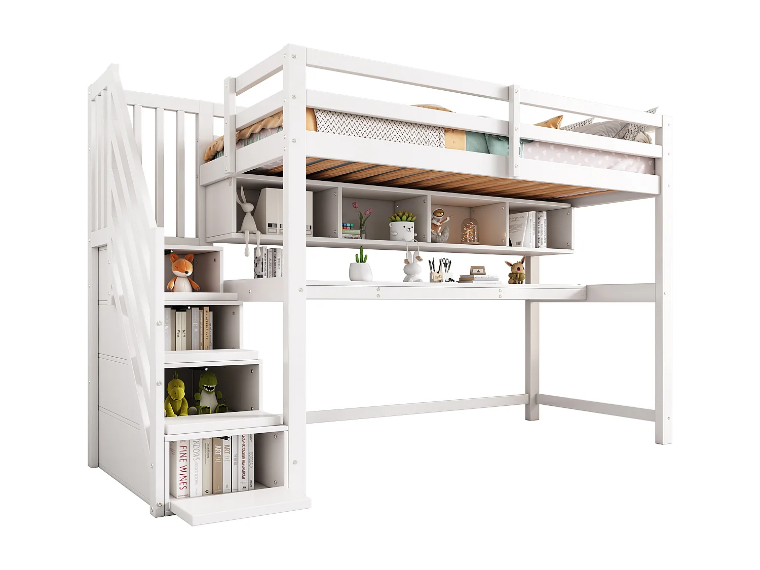 Houten tussenbed - 90x200cm - met opbergtrap + bureau + lattenbodem - Wit