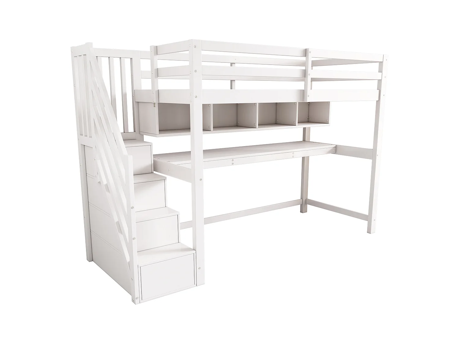 Houten tussenbed - 90x200cm - met opbergtrap + bureau + lattenbodem - Wit