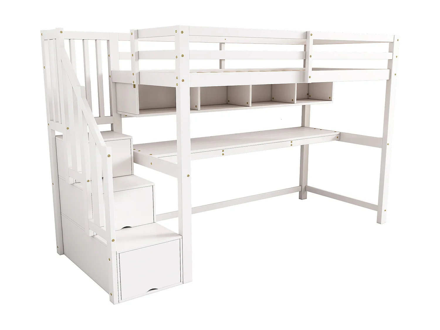 Lit mezzanine en bois - 90x200cm - avec escalier de rangement + bureau + sommier à lattes - Blanc