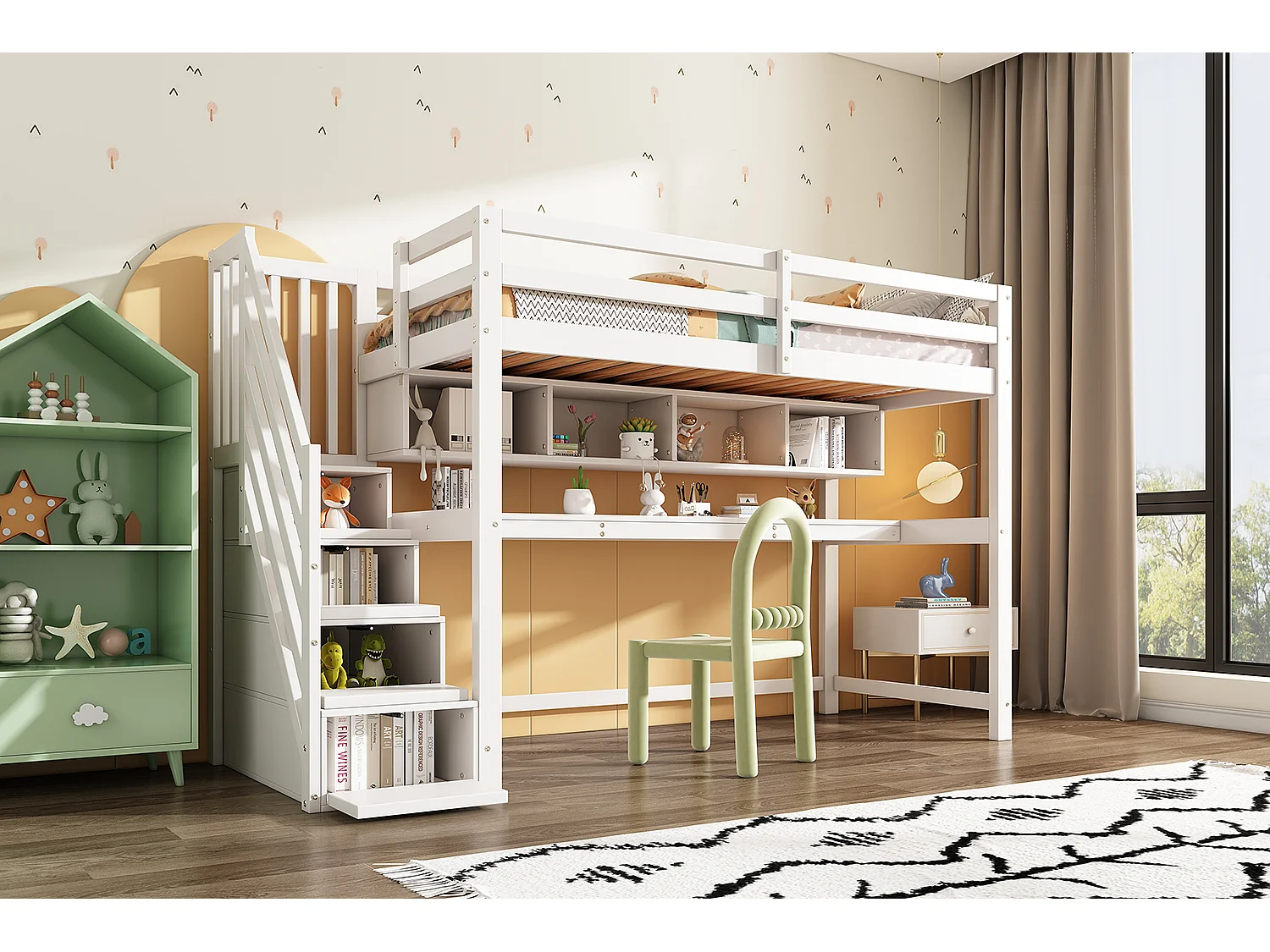 Lit mezzanine en bois - 90x200cm - avec escalier de rangement + bureau + sommier à lattes - Blanc