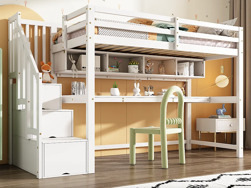 Hochbett aus Holz – 90 x 200 cm – mit Stauraumtreppe + Schreibtisch + Lattenrost – Weiß