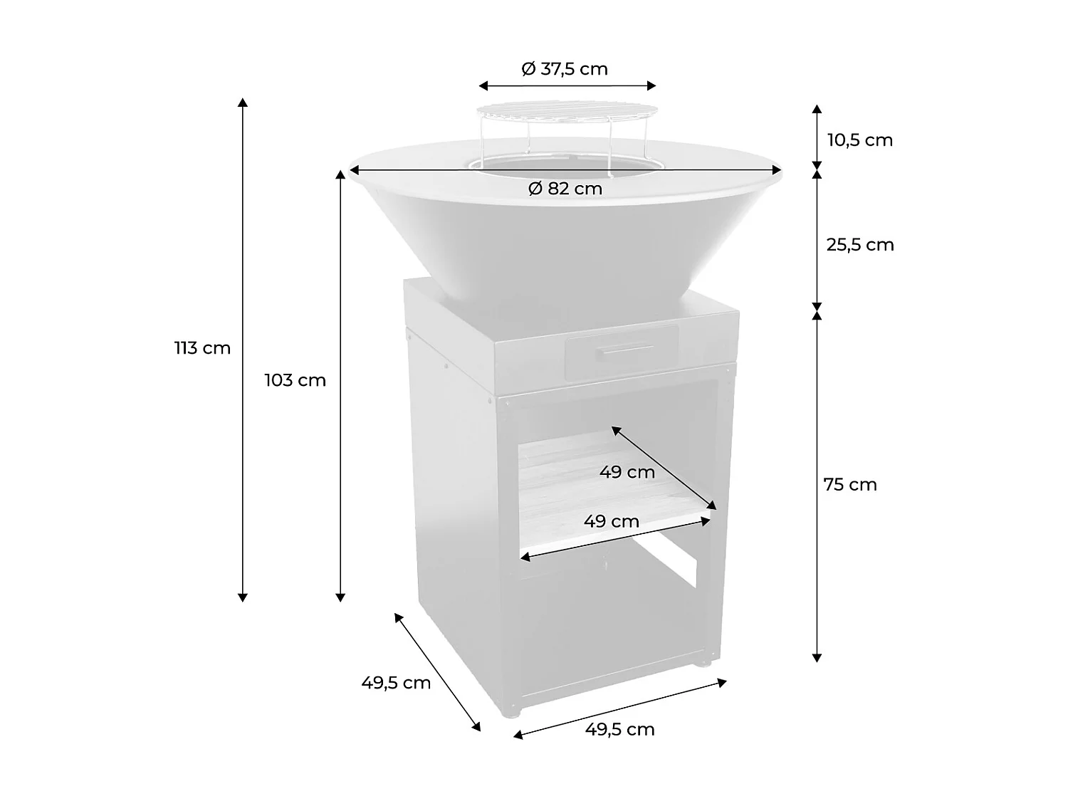 Brasero barbecue Ø81.5cm avec grille de cuisson et espace de rangement