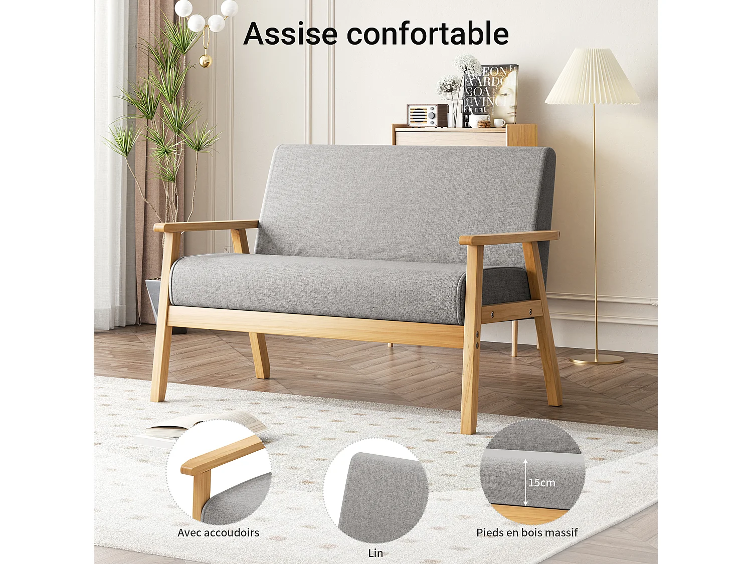 Canapé 2 Places salon moderne, en Tissu Lin, cadre en bois, Gris Clair,107x60x76cm