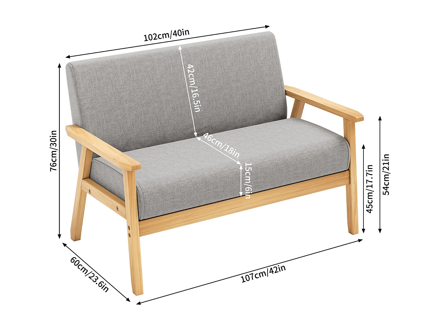 Canapé 2 Places salon moderne, en Tissu Lin, cadre en bois, Gris Clair,107x60x76cm