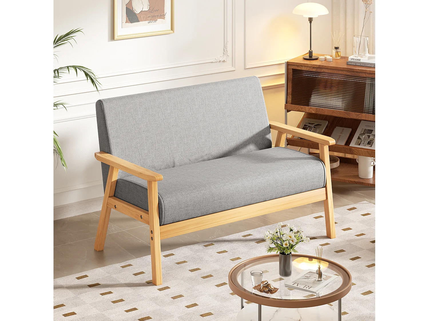 Canapé 2 Places salon moderne, en Tissu Lin, cadre en bois, Gris Clair,107x60x76cm