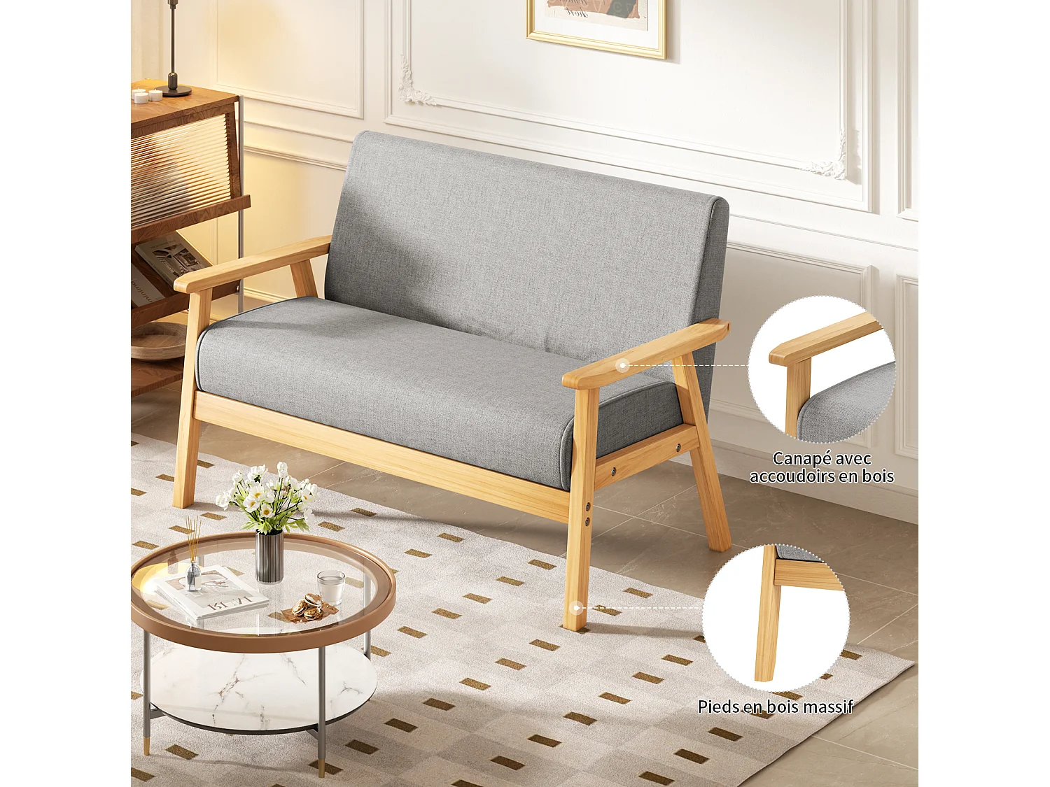 Canapé 2 Places salon moderne, en Tissu Lin, cadre en bois, Gris Clair,107x60x76cm