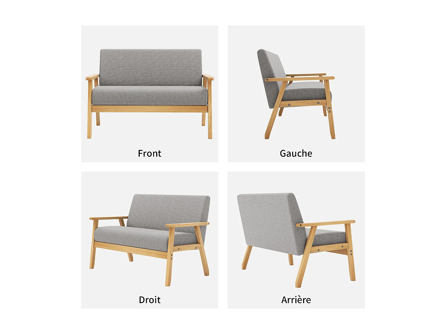 Canapé 2 Places salon moderne, en Tissu Lin, cadre en bois, Gris Clair,107x60x76cm