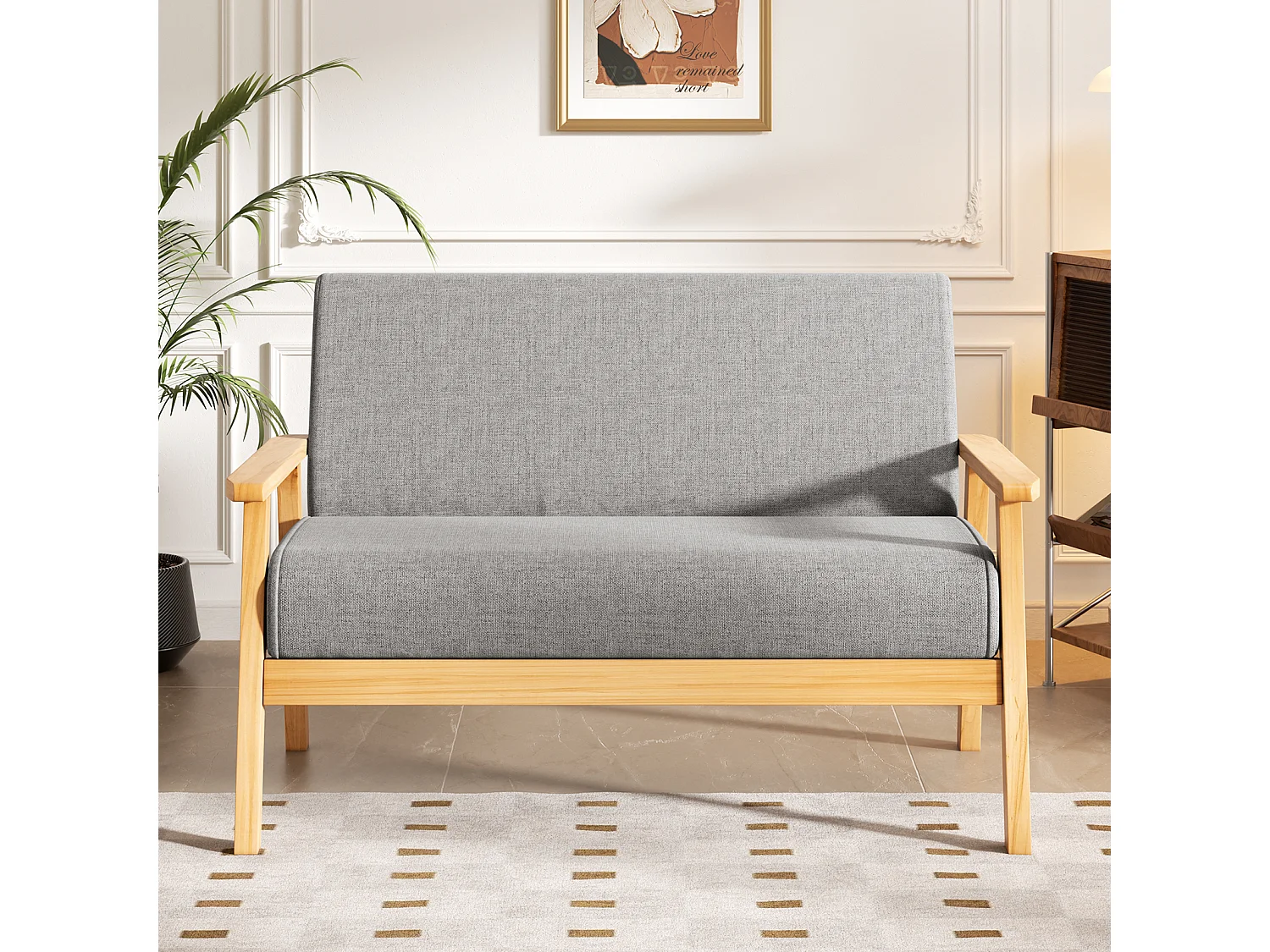 Canapé 2 Places salon moderne, en Tissu Lin, cadre en bois, Gris Clair,107x60x76cm