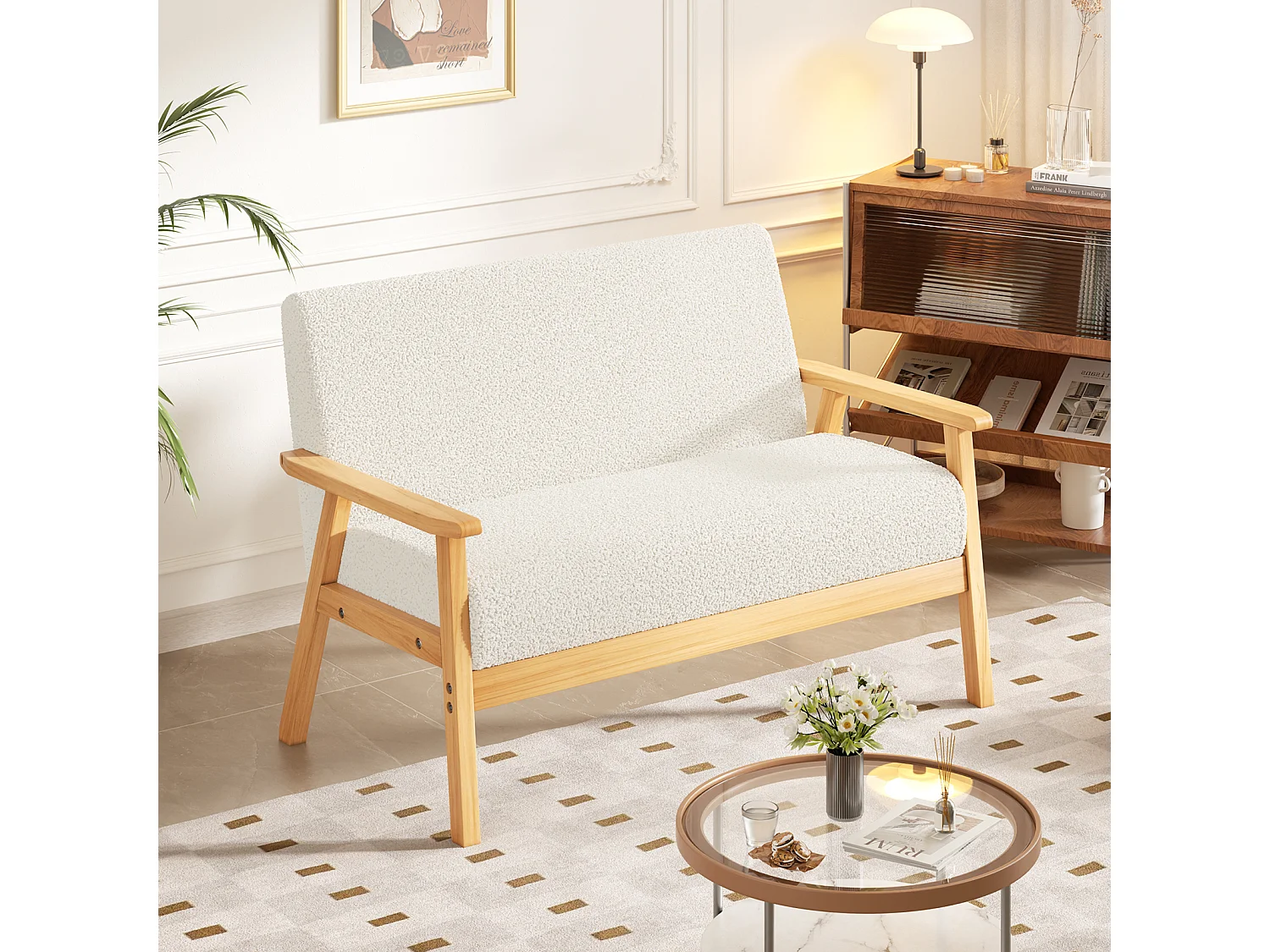 Divano soggiorno moderno 2 posti in Teddy Velvet, frame di legno, beige, 107x60x76cm