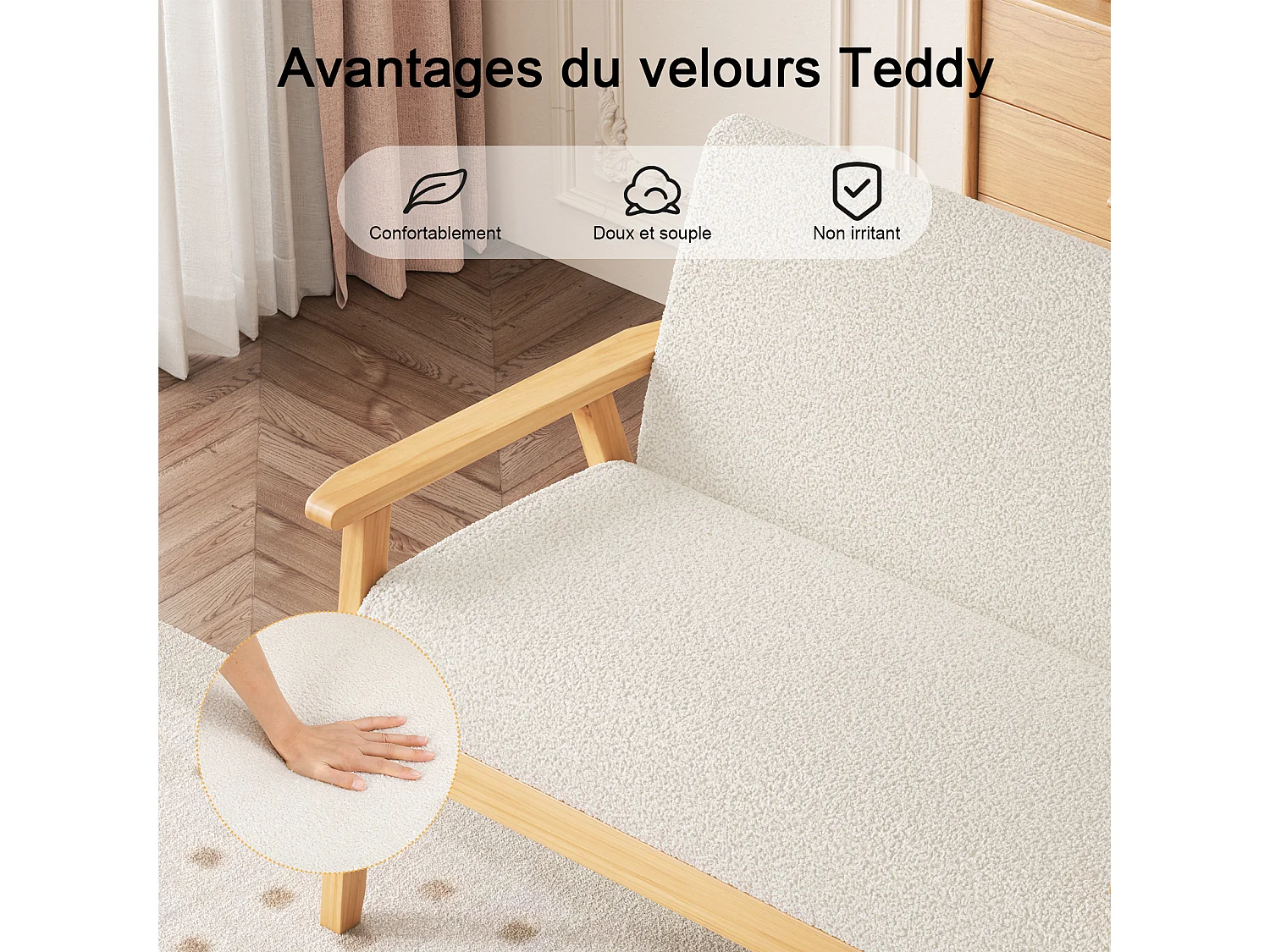 Divano soggiorno moderno 2 posti in Teddy Velvet, frame di legno, beige, 107x60x76cm