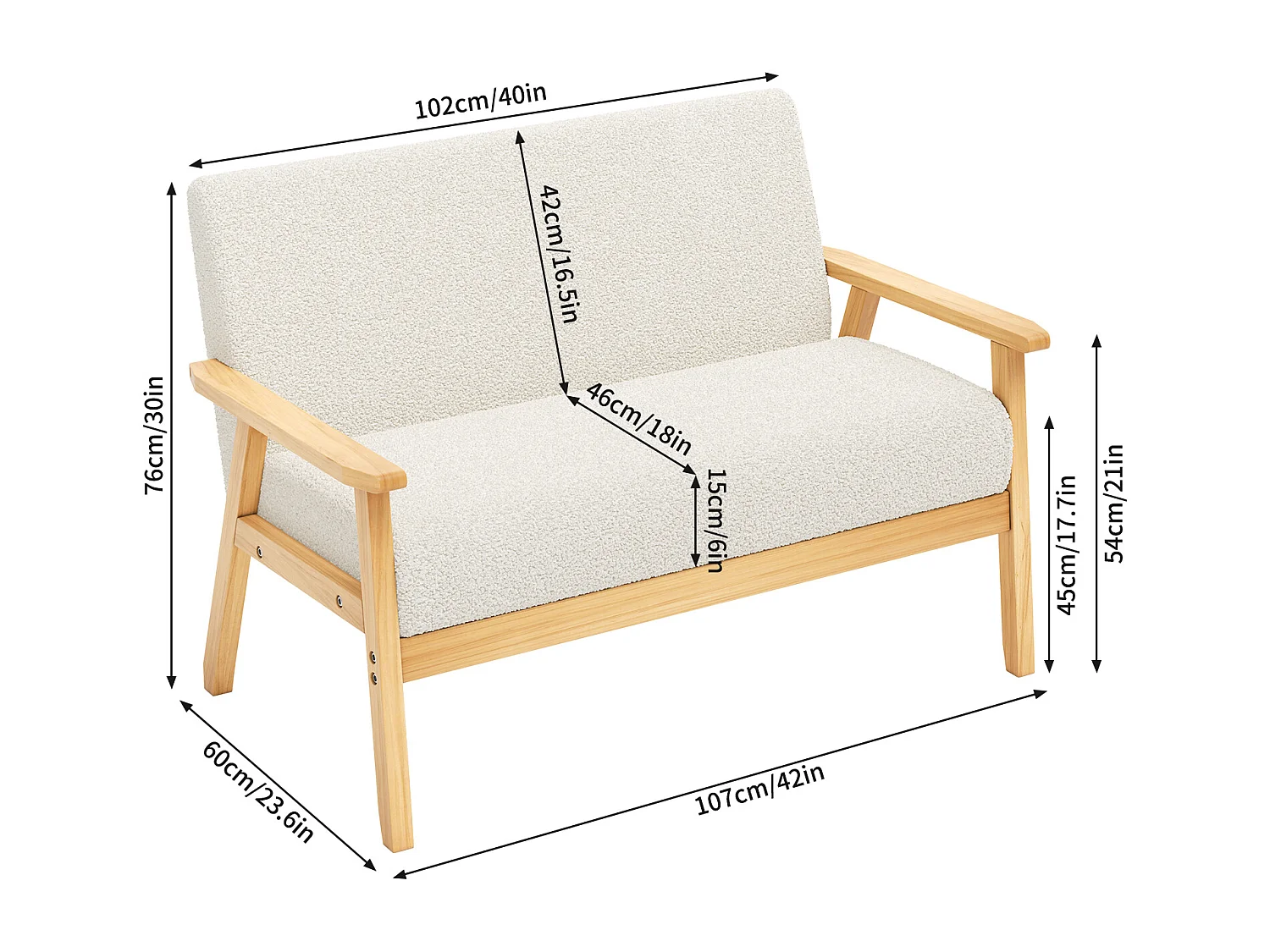 Divano soggiorno moderno 2 posti in Teddy Velvet, frame di legno, beige, 107x60x76cm