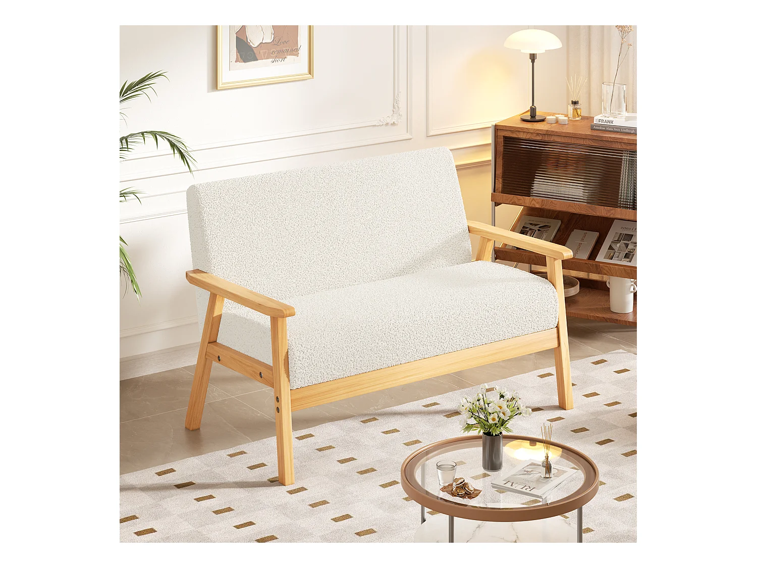 2 -seerer Sofa modernes Wohnzimmer, in Teddy Fleece, Holzumgebung, Beige, 107x60x76cm
