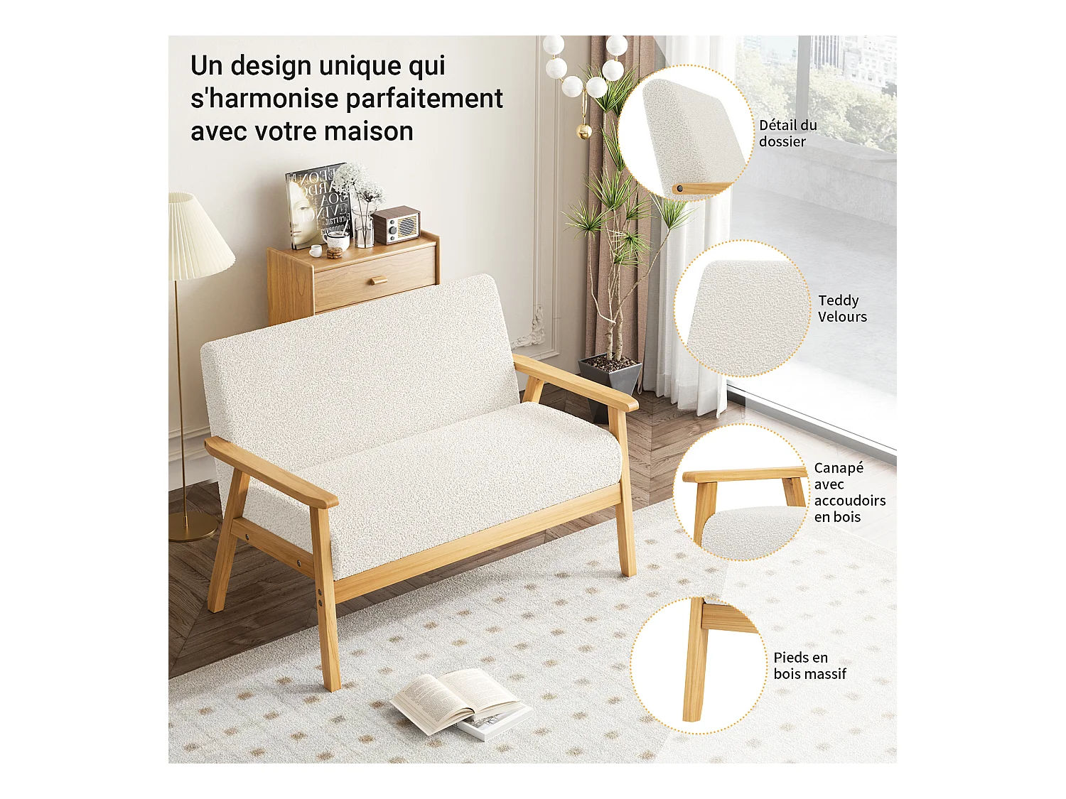 Canapé 2 places salon moderne, en Polaire Teddy, cadre en bois, Beige, 107x60x76cm