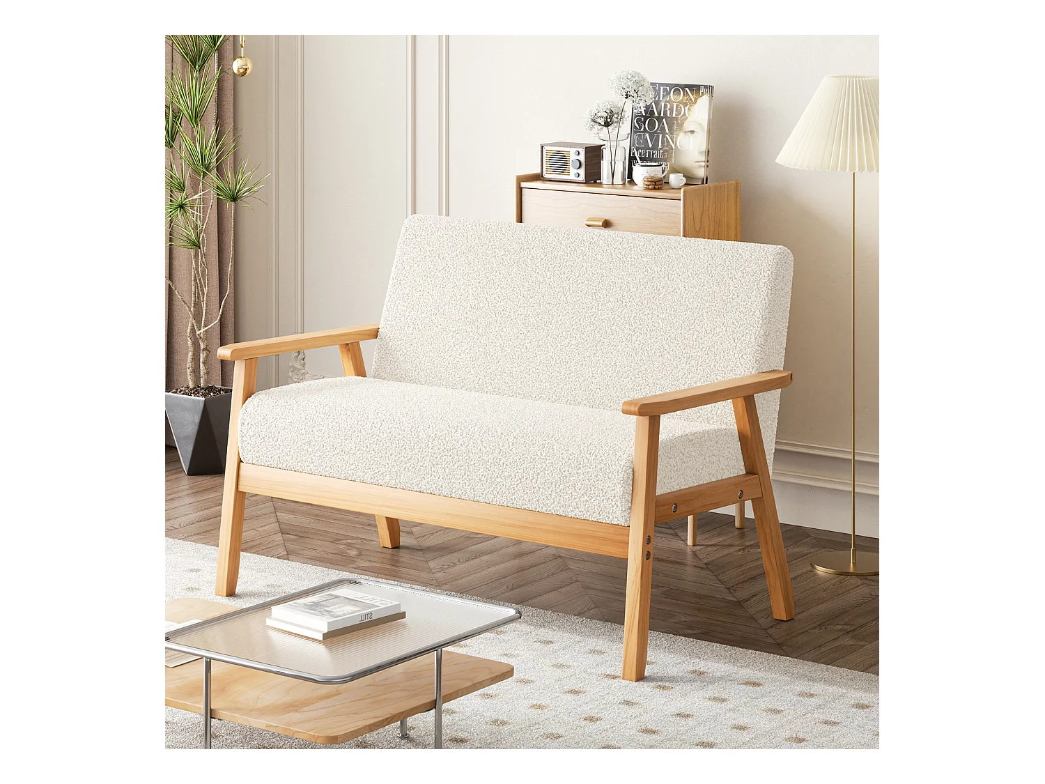 Canapé 2 places salon moderne, en Polaire Teddy, cadre en bois, Beige, 107x60x76cm