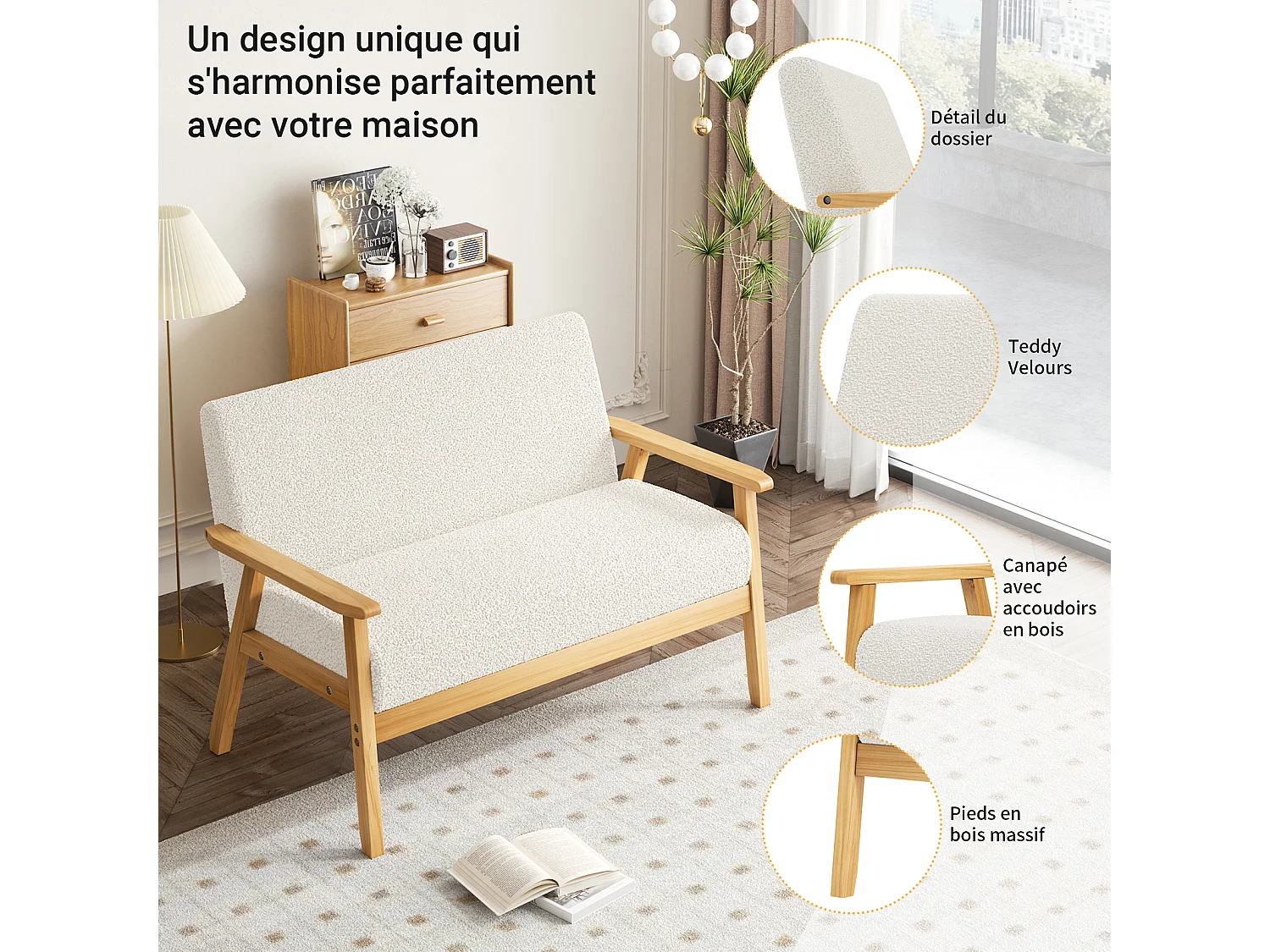 Canapé 2 places salon moderne, en Polaire Teddy, cadre en bois, Beige, 107x60x76cm