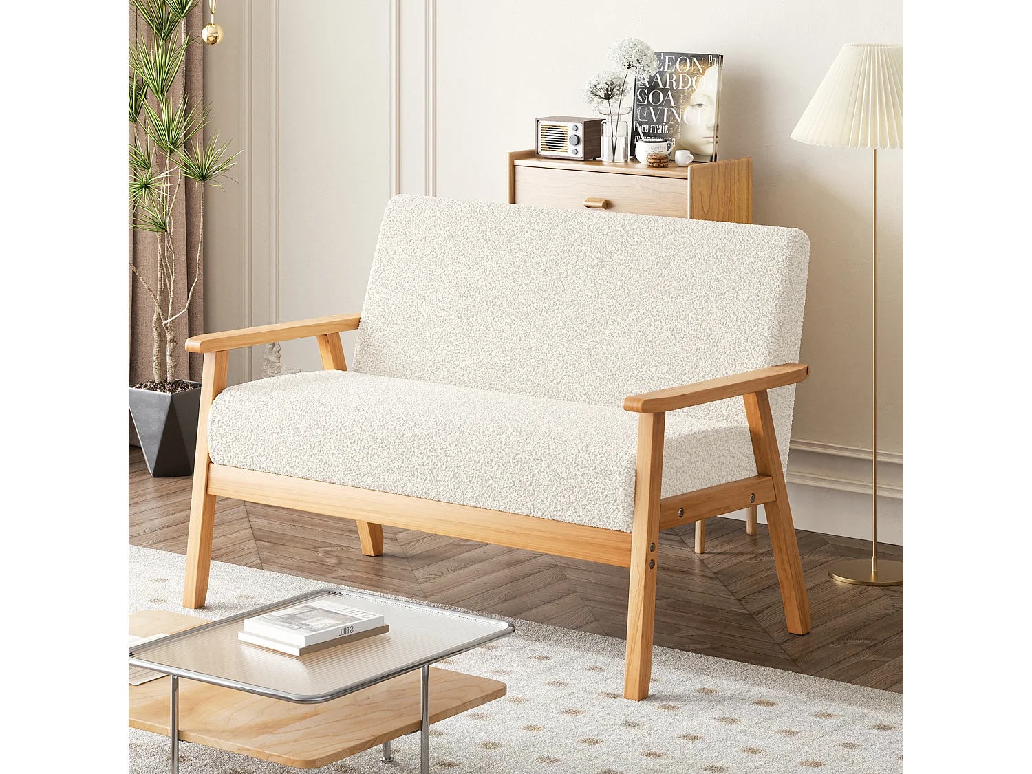 Canapé 2 places salon moderne, en Polaire Teddy, cadre en bois, Beige, 107x60x76cm