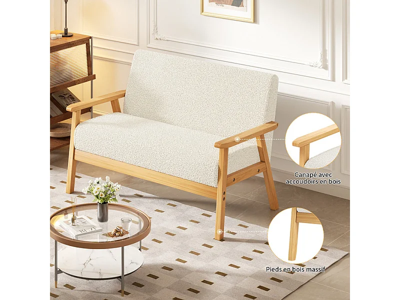 Canapé 2 places salon moderne, en Polaire Teddy, cadre en bois, Beige, 107x60x76cm