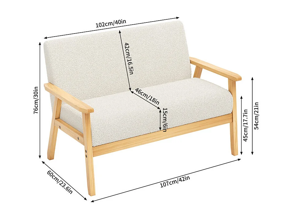Canapé 2 places salon moderne, en Polaire Teddy, cadre en bois, Beige, 107x60x76cm