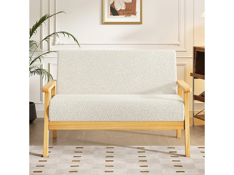 Canapé 2 places salon moderne, en Polaire Teddy, cadre en bois, Beige, 107x60x76cm