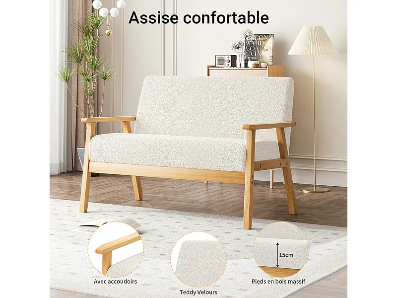 Canapé 2 places salon moderne, en Polaire Teddy, cadre en bois, Beige, 107x60x76cm
