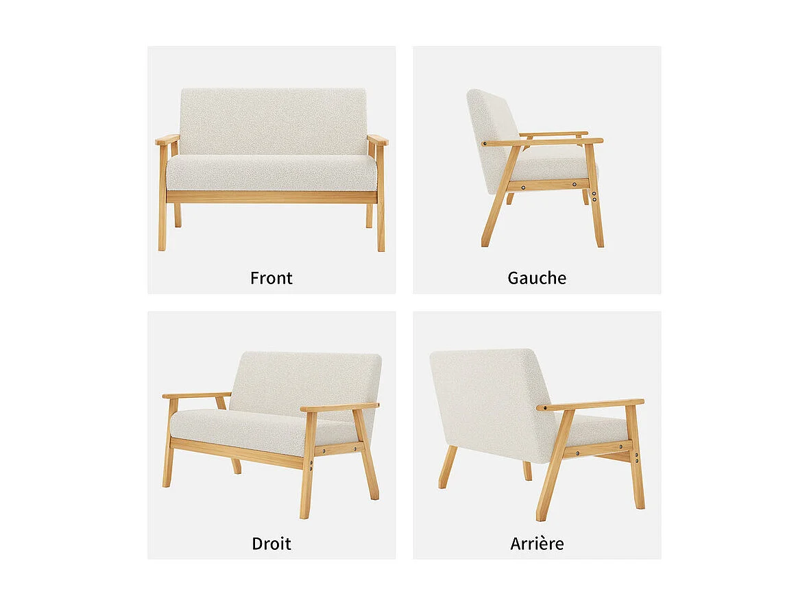Canapé 2 places salon moderne, en Polaire Teddy, cadre en bois, Beige, 107x60x76cm