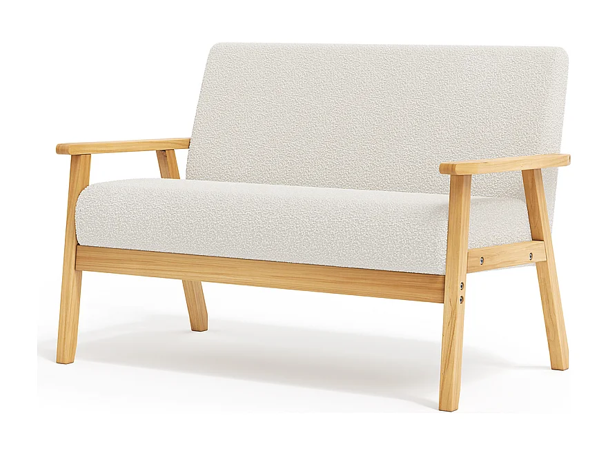 Canapé 2 places salon moderne, en Polaire Teddy, cadre en bois, Beige, 107x60x76cm