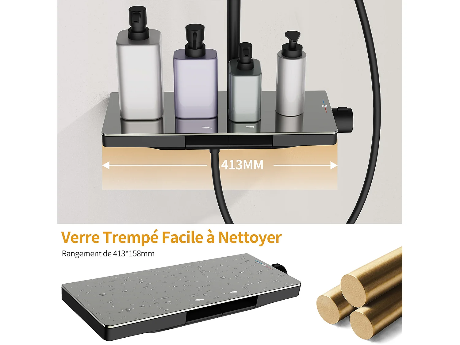 Colonne de Douche Thermostatique 38℃ avec Plateau de Rangement de 40 cm Ensemble de Douche Noir Comprend une Douche de Tête Surdimensionnée