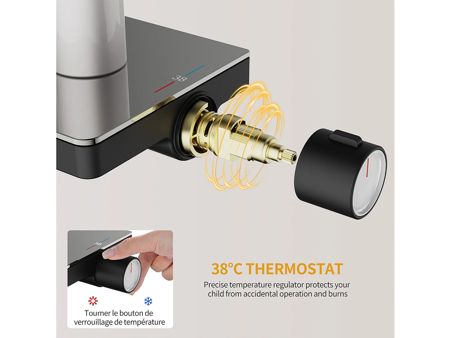 Colonne de Douche Thermostatique 38℃ avec Plateau de Rangement de 40 cm Ensemble de Douche Noir Comprend une Douche de Tête Surdimensionnée