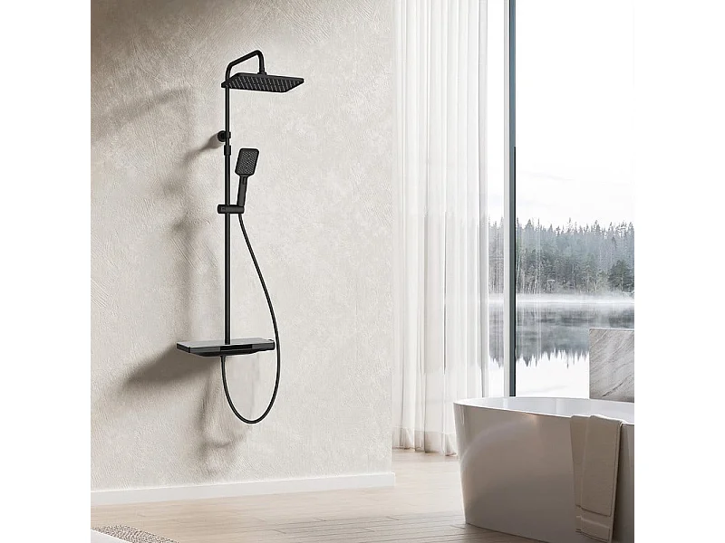 Colonne de Douche Thermostatique 38℃ avec Plateau de Rangement de 40 cm Ensemble de Douche Noir Comprend une Douche de Tête Surdimensionnée