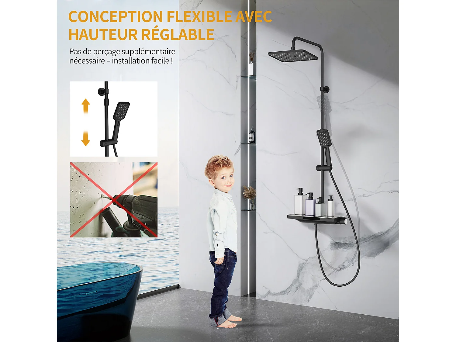 Colonne de Douche Thermostatique 38℃ avec Plateau de Rangement de 40 cm Ensemble de Douche Noir Comprend une Douche de Tête Surdimensionnée