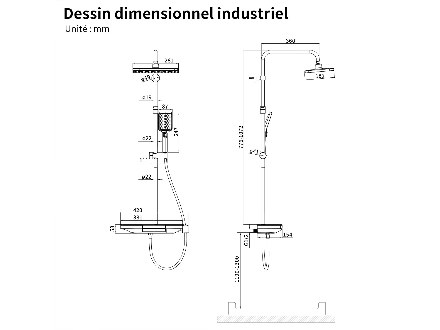 Colonne de Douche Thermostatique 38℃ avec Plateau de Rangement de 40 cm Ensemble de Douche Noir Comprend une Douche de Tête Surdimensionnée