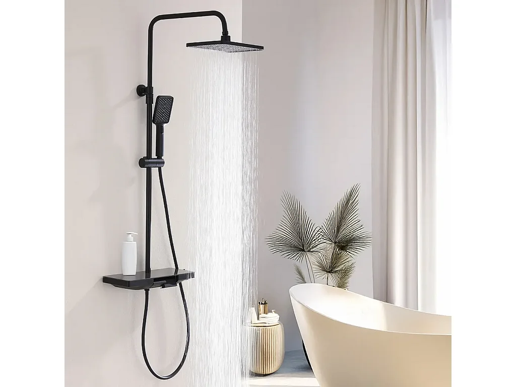 Colonne de Douche Thermostatique 38℃ avec Plateau de Rangement de 40 cm Ensemble de Douche Noir Comprend une Douche de Tête Surdimensionnée