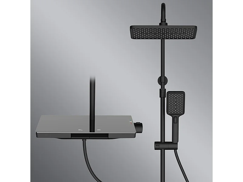 Colonne de Douche Thermostatique 38℃ avec Plateau de Rangement de 40 cm Ensemble de Douche Noir Comprend une Douche de Tête Surdimensionnée
