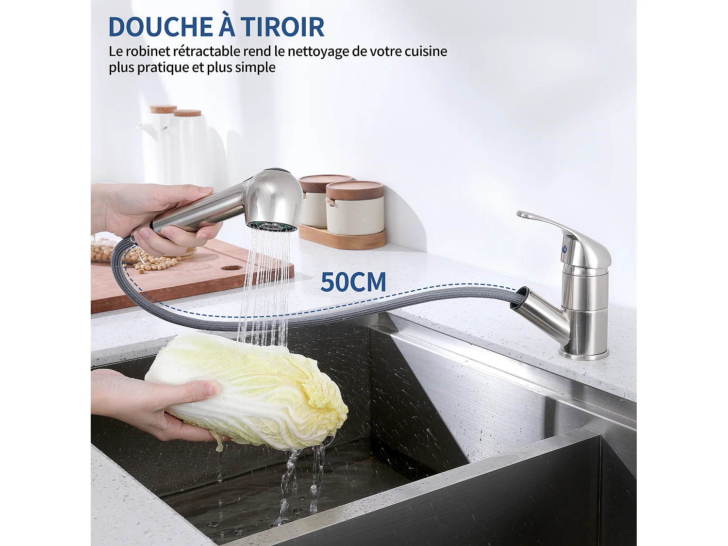 Mitigeur de Cuisine avec Douchette Extractible Brossé, Robinet Cuisine avec 2 Jets aux Choix, Robinetterie en Acie Haute Qualité