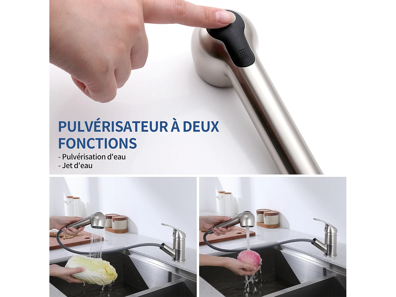 Mitigeur de Cuisine avec Douchette Extractible Brossé, Robinet Cuisine avec 2 Jets aux Choix, Robinetterie en Acie Haute Qualité
