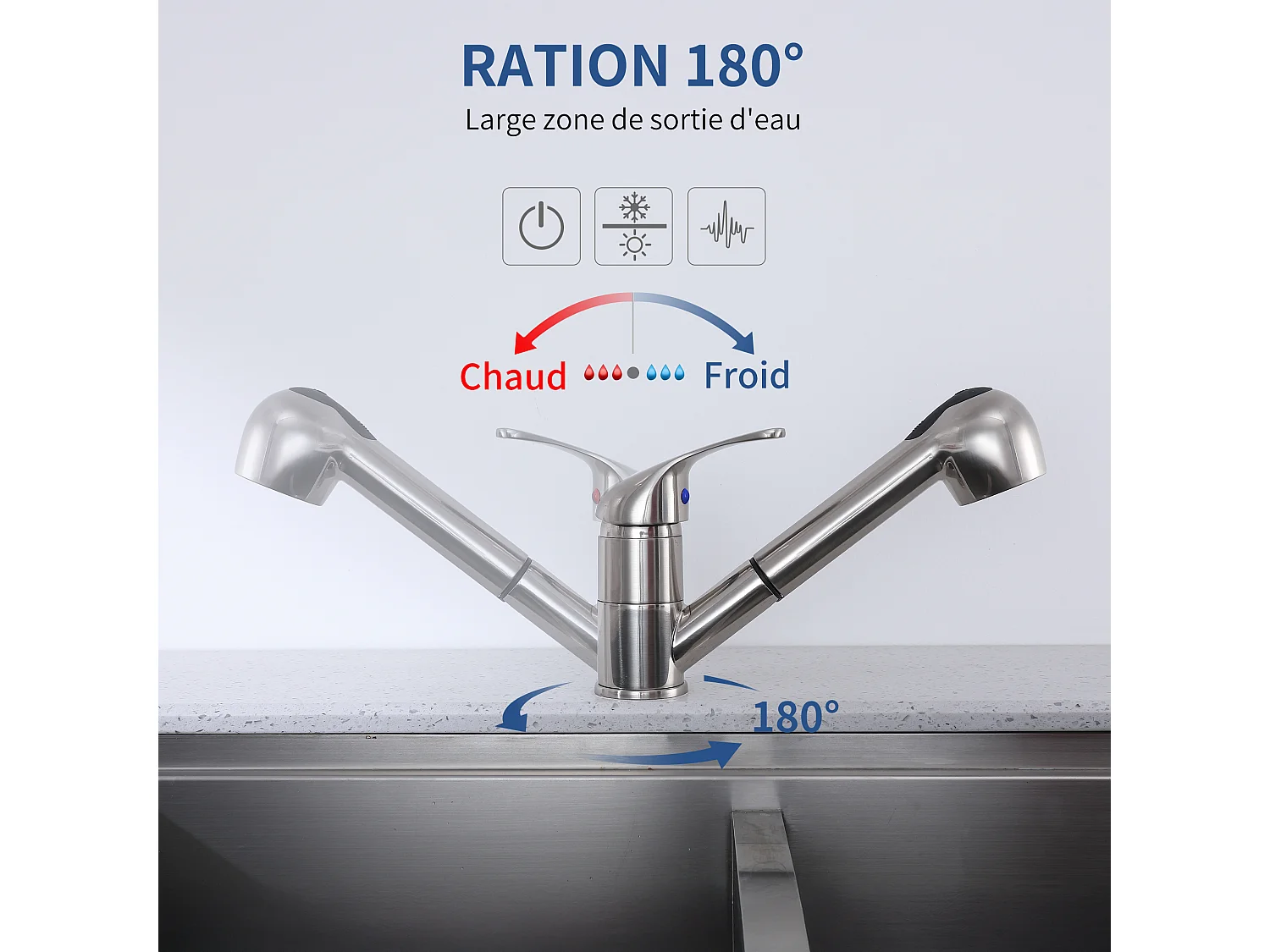 Mitigeur de Cuisine avec Douchette Extractible Brossé, Robinet Cuisine avec 2 Jets aux Choix, Robinetterie en Acie Haute Qualité