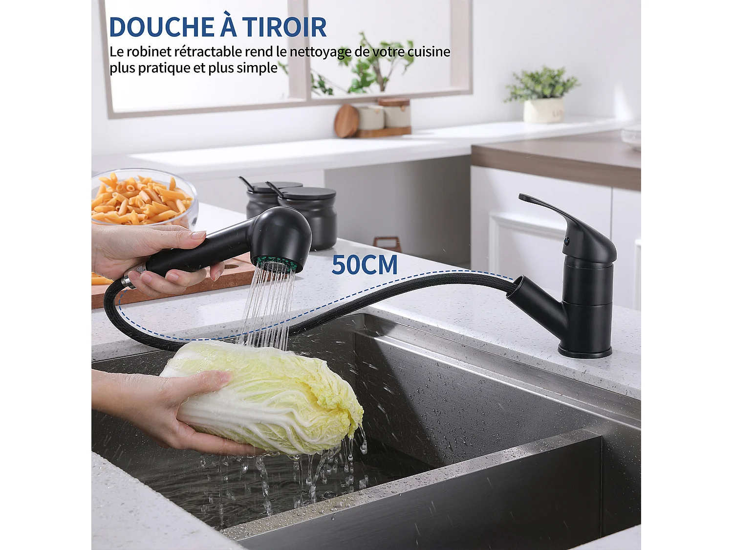 Mitigeur de Cuisine avec Douchette Extractible Noir, Robinet Cuisine avec 2 Jets aux Choix Robinetterie en Acie Haute Qualité